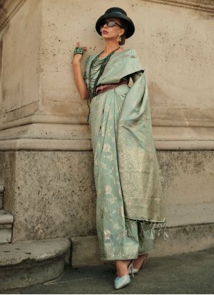 Aqua Blue Handloom Silk Weaving Classic Sari