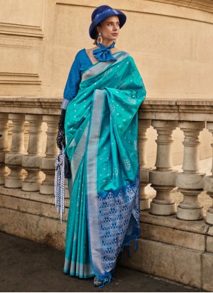 Aqua Blue Handloom Silk Weaving Designer Sari