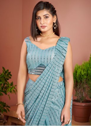 Aqua Blue Imported Fancy Work Contemporary Sari