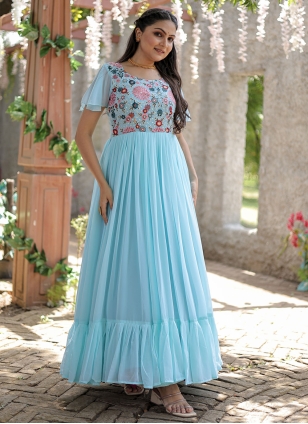 Aqua Blue Party Faux Georgette Designer Gown