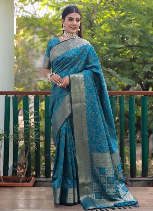 Aqua Blue Patola Silk Weaving Contemporary Saree