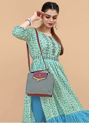 Aqua Blue Rayon Digital Print Party Wear Kurti