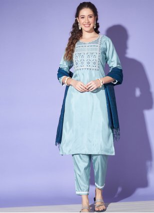 Aqua Blue Silk Embroidered Trendy Salwar Suits