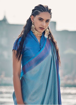 Aqua Blue Silk Weaving Trendy Sari