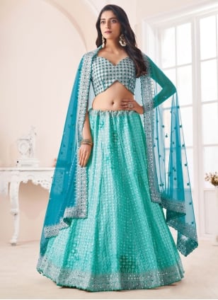 Sky Blue Net Designer Lehenga Choli for Evening Party WJ82225