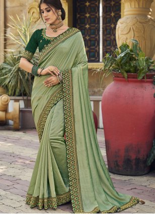 Art Silk Embroidered Pista green Traditional Saree