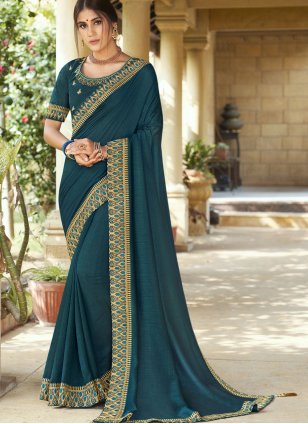 Art Silk Embroidered Teal Traditional Saree