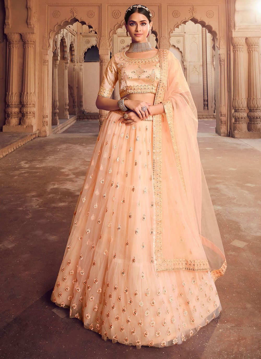 Peach Embroidered Lehenga Set Design by Anupraas at Pernia's Pop Up Shop  2023