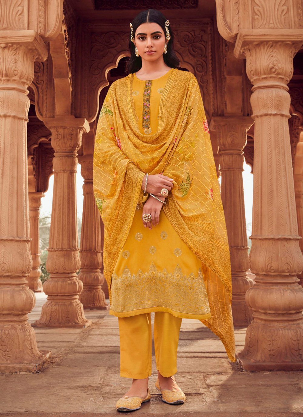 Expensive | $52 - $64 - Yellow Punjabi Banarasi Silk Plain Salwar Kameez  and Yellow Punjabi Banarasi Silk Plain Salwar Suit Online Shopping