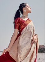Beige and Maroon Silk Weaving Designer Sari