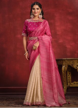 Sari with V Neck Blouse, Orange with Pink Saree Online with Embroidered  Pallu - AndaazFashion