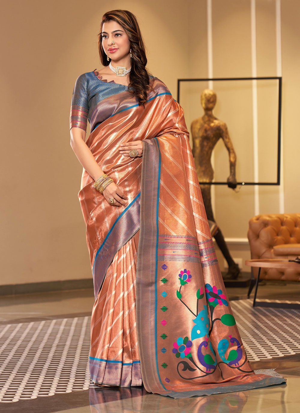 Printed Peach Indian Ethnic Designer Pure Munga Silk Party Wear Saree, 6 m  (with blouse piece) at Rs 7999 in Indore