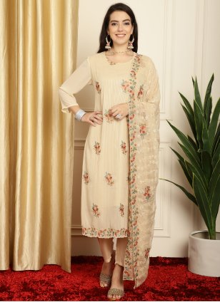 Beige Georgette Embroidered Trendy Salwar Kameez
