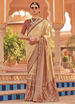 Beige Silk Digital Print Trendy Saree