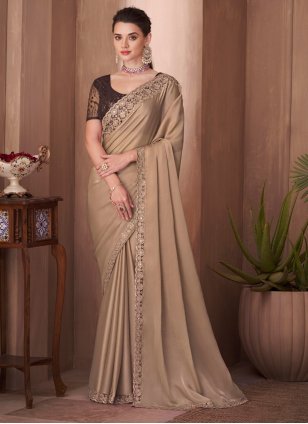 buy saree online Chiku and Red Colour Lycra and Chiffon Party Wear Sraee  Buy Saree online UK - Buy Sarees onlin… | Saree designs, Designer sarees  collection, Saree