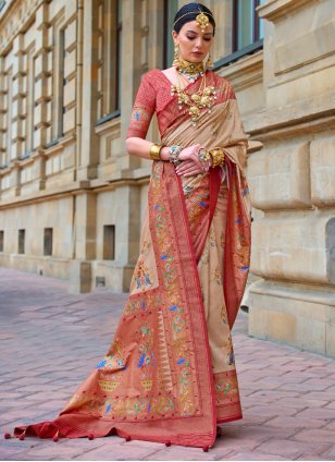 Beige Silk Printed Classic Sari