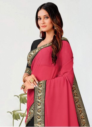 Black and Hot Pink Georgette Multi Classic Sari