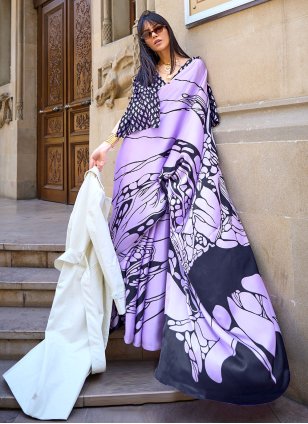 Black and Lavender Satin Printed Classic Sari