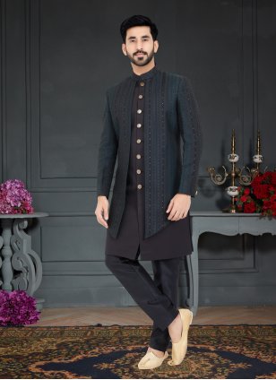 Black and Rama Jacquard Weaving Men's Indo Western for Party