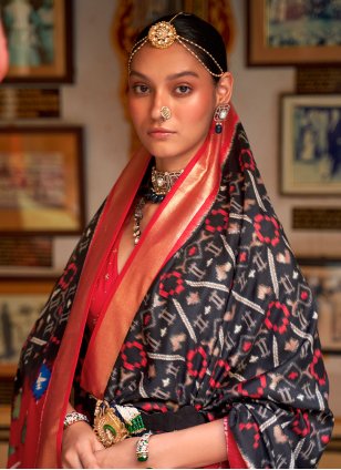 Black and Red Patola Silk Weaving Designer Saree