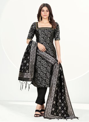 Black Banarasi Silk Woven Straight Salwar Suit