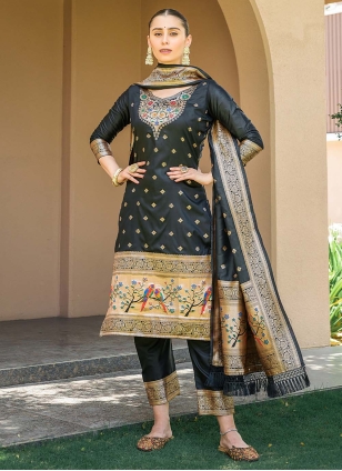 Black Banarasi Silk Woven Trendy Salwar Suits