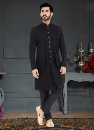 Black Fancy Fabric Jacquard Indo Western for Men
