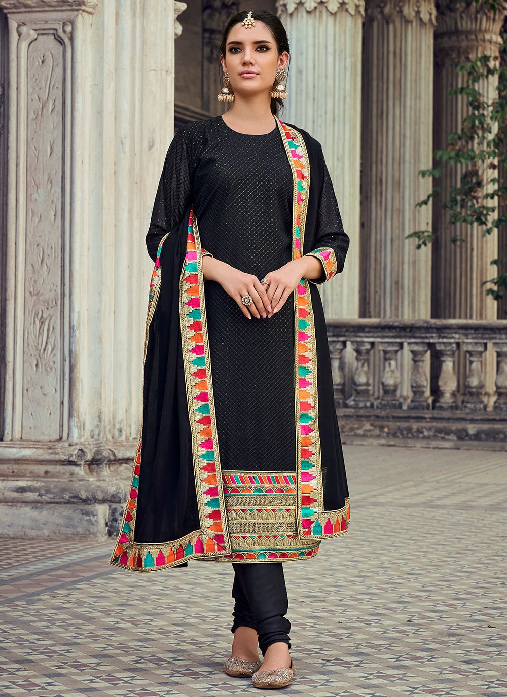 Shop Online Banarasi Silk Black Churidar Salwar Suit : 84669 -