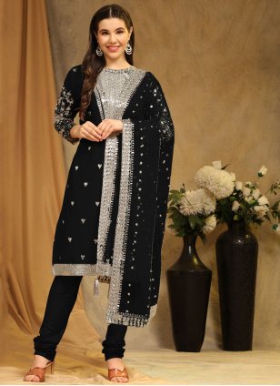 Black Georgette Embroidered Churidar Suit