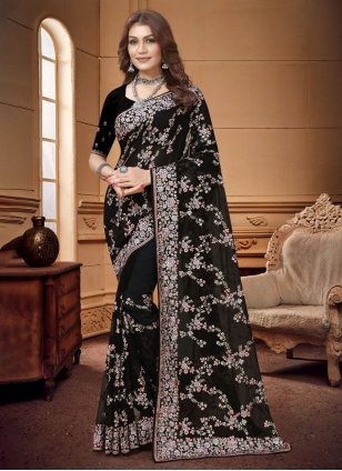 Black Georgette Embroidered Classic Sari