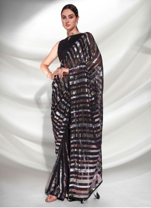 Black Georgette Embroidered Contemporary Sari