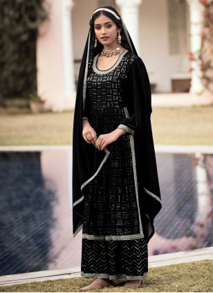 Black Georgette Embroidered Readymade Salwar Suits