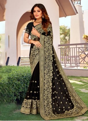 Black Georgette Embroidered Traditional Saree