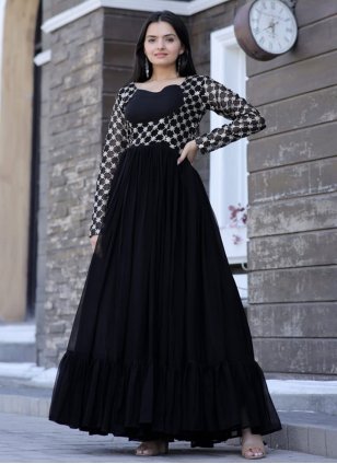 Black Georgette Embroidered Trendy Gown