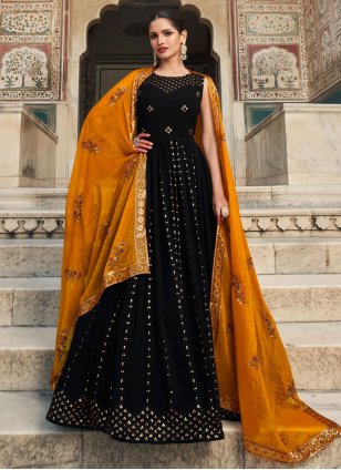 Black Georgette Embroidered Trendy Trendy Gown