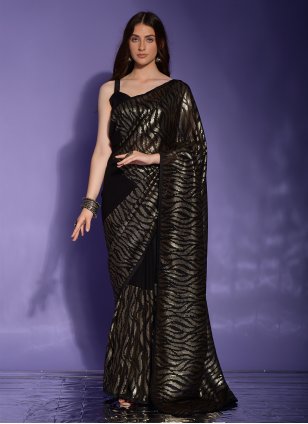 Black Georgette Patch Border Trendy Sari
