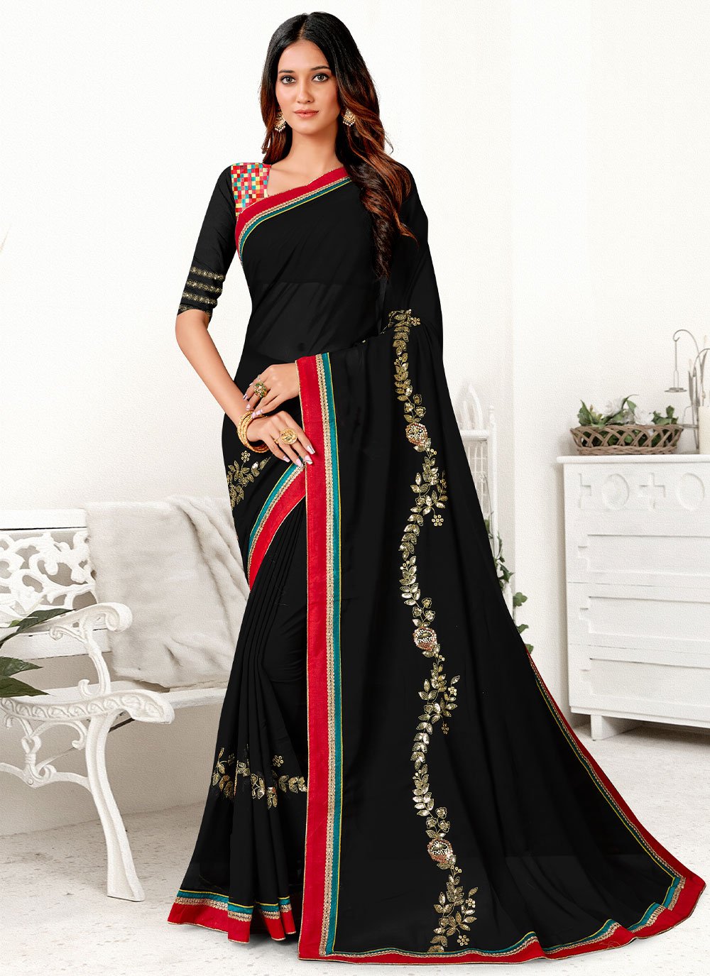 Black Georgette Sequins Designer Sari