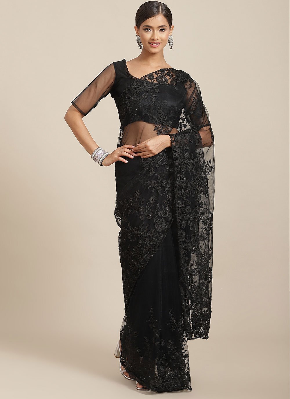 Net Saree in Black with Embroidered