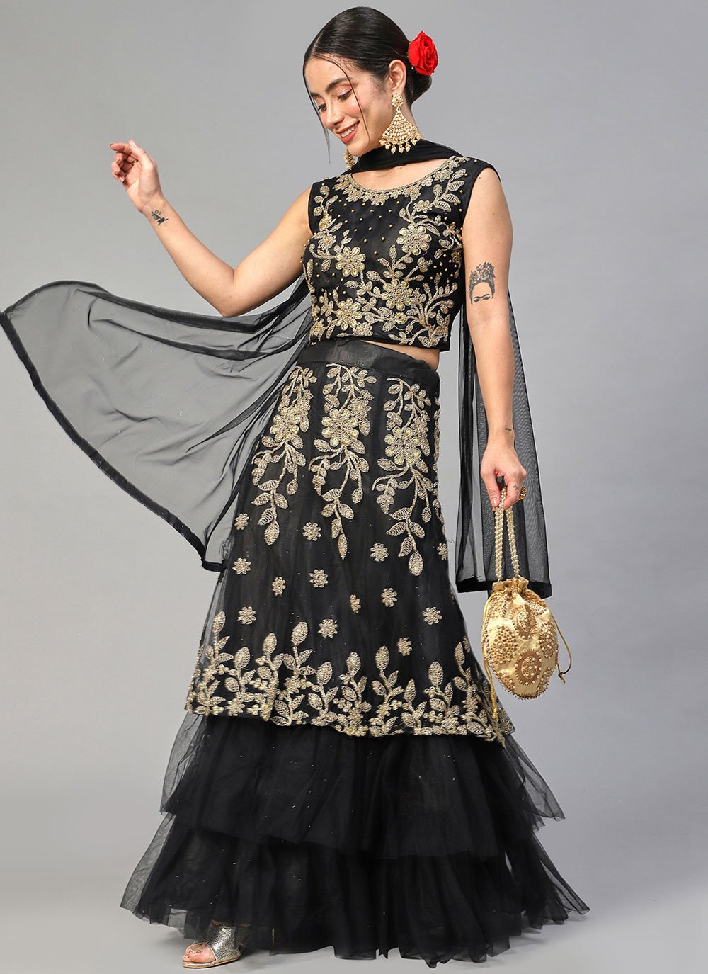 Black and Gold Lehenga Set With Velvet Detailing at Rs 9000 | Eros 48 |  Delhi | ID: 14621171962