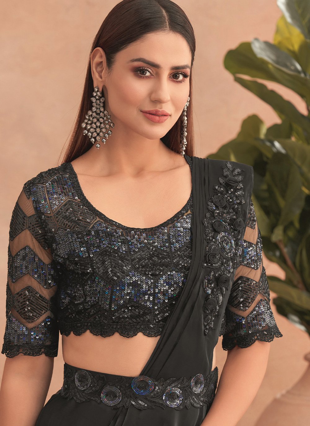 Buy Black Faux Georgette Embroidered Saree Party Wear Online at Best Price  | Cbazaar