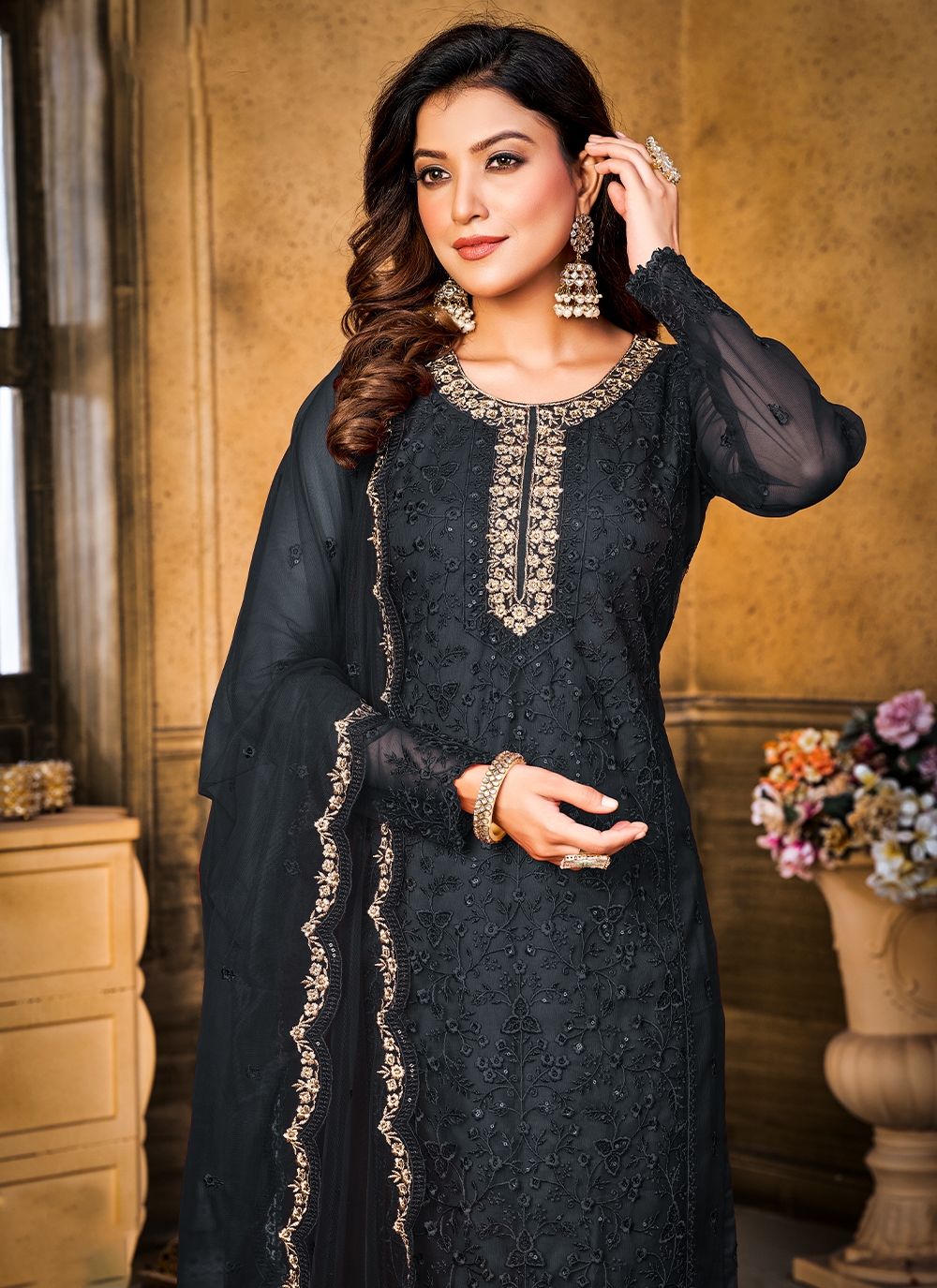 Buy This Embroidered Net Straight Pant Suit in Black Color