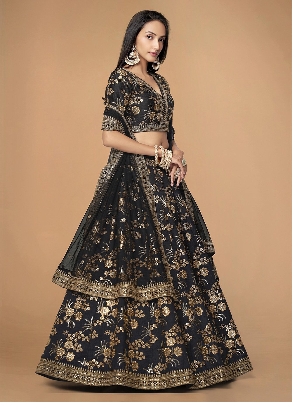 Beautiful Black Bridal Lehenga with Makeup for Party Wear