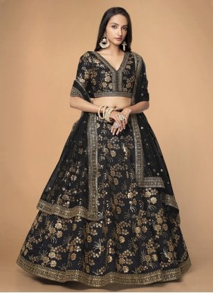 Designer Black Silk Embroidered Lehenga Choli for Wedding