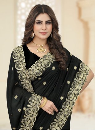 Black Vichitra Silk Border Trendy Sari