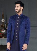 Blue and Blue Velvet Embroidered Men's Designer Indo Western for Wedding