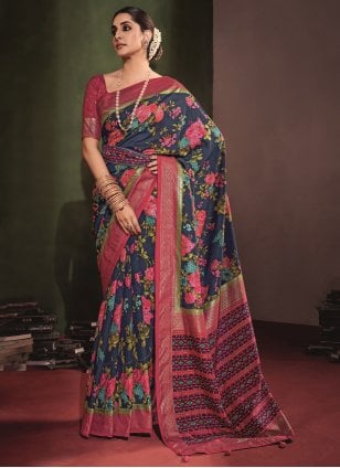 Blue and Pink Tussar Silk Printed Silky Saree