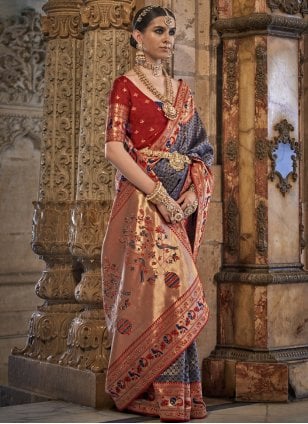 Blue and Red Banarasi Silk Weaving Classic Sari