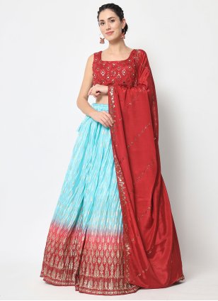 Blue and Red Chinon Embroidered A - Line Lehenga Choli