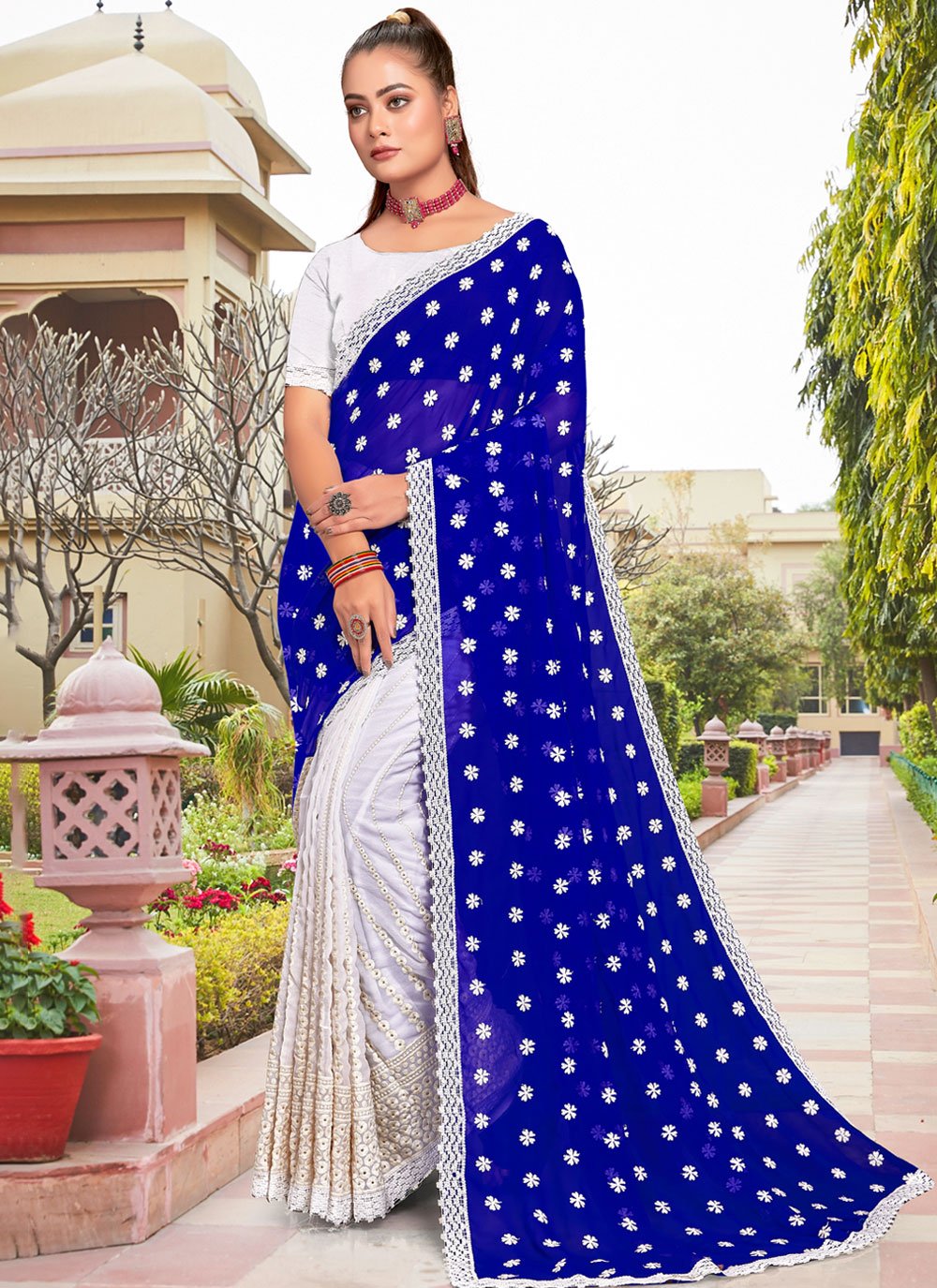 Buy Off White With Blue Color Golden Jari Jacquard Border Saree | keerramnx