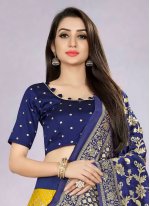 Blue and Yellow Banarasi Silk Jacquard Trendy Lehenga